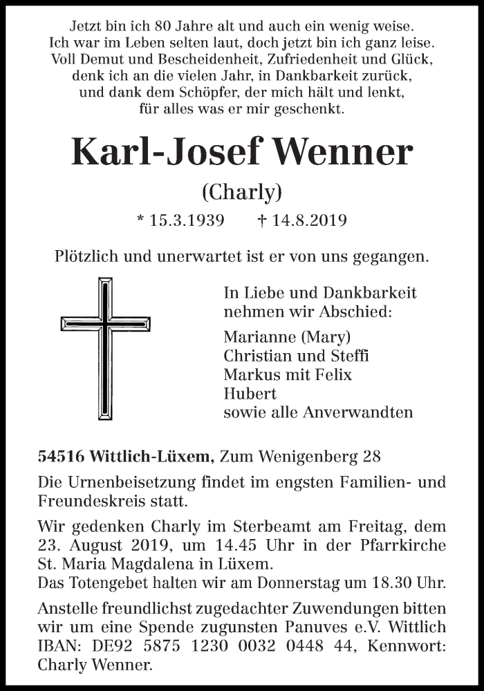  Traueranzeige für Karl-Josef Wenner vom 17.08.2019 aus trierischer_volksfreund