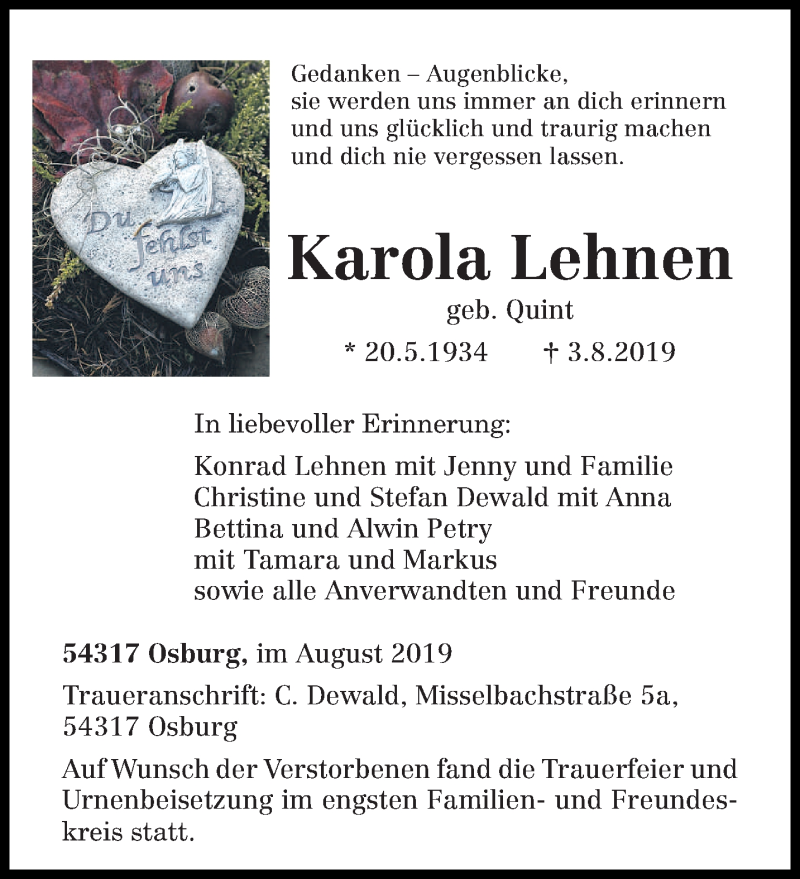  Traueranzeige für Karola Lehnen vom 09.08.2019 aus trierischer_volksfreund