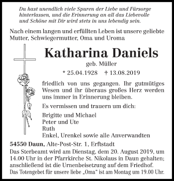 Traueranzeige von Katharina Daniels von trierischer_volksfreund