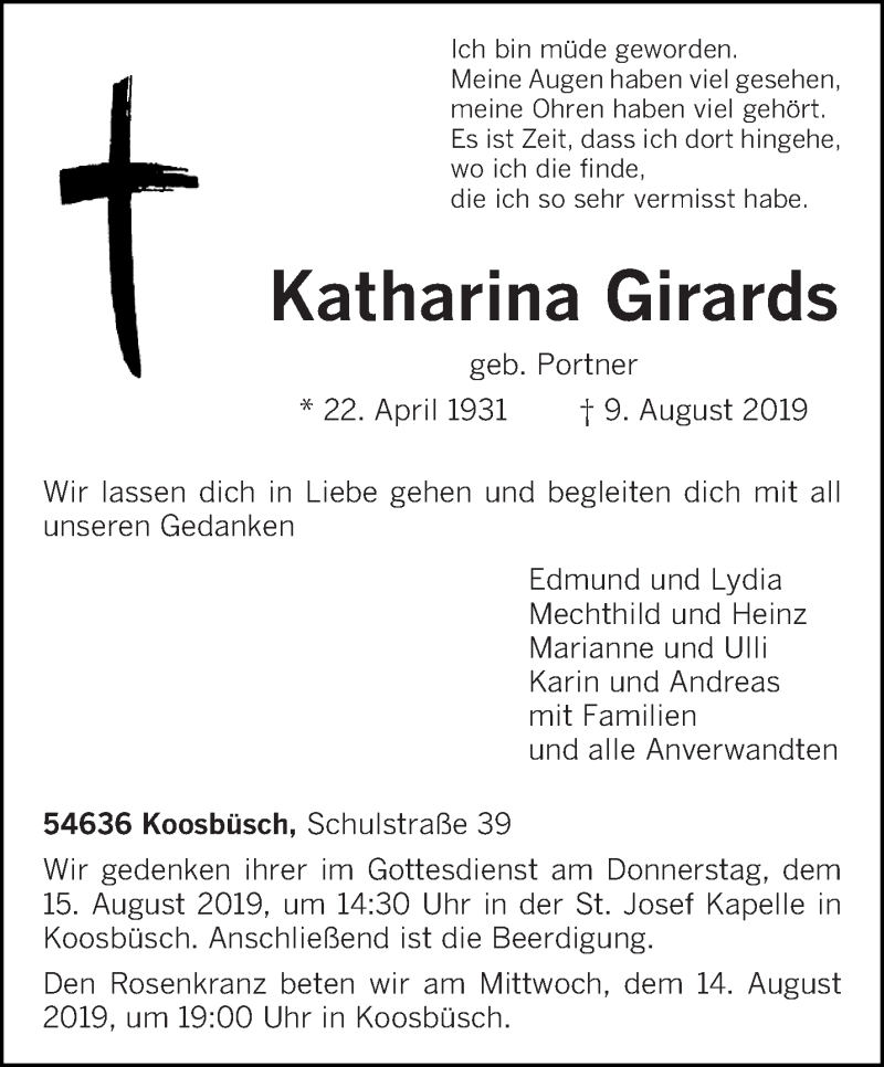  Traueranzeige für Katharina Girards vom 13.08.2019 aus trierischer_volksfreund