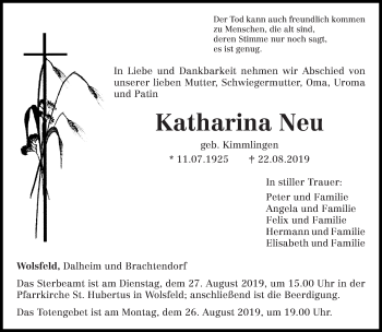 Traueranzeige von Katharina Neu von trierischer_volksfreund