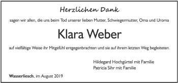 Traueranzeige von Klara Weber von trierischer_volksfreund
