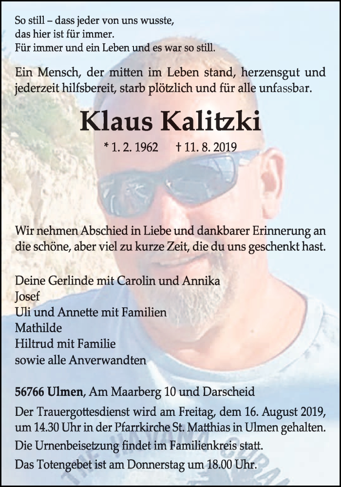  Traueranzeige für Klaus Kalitzki vom 14.08.2019 aus trierischer_volksfreund