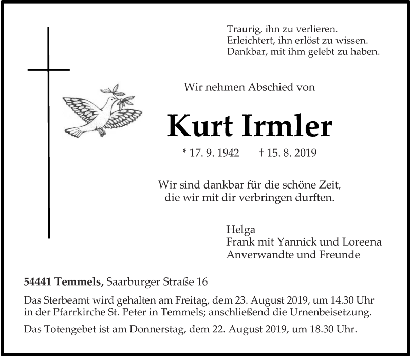  Traueranzeige für Kurt Irmler vom 20.08.2019 aus trierischer_volksfreund