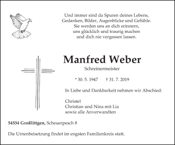 Traueranzeige von Manfred Weber von trierischer_volksfreund