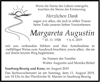 Traueranzeige von Margareta Augustin von trierischer_volksfreund