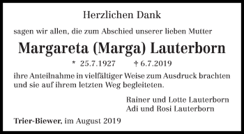 Traueranzeige von Margareta Lauterborn von trierischer_volksfreund