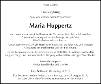 Traueranzeige von Maria Huppertz von trierischer_volksfreund