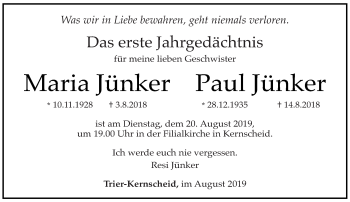 Traueranzeige von Maria und Paul Jünker von trierischer_volksfreund