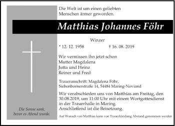 Traueranzeige von Matthias Johannes Föhr von trierischer_volksfreund