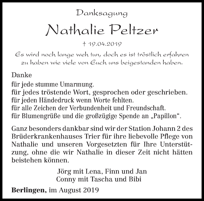  Traueranzeige für Nathalie Peltzer vom 03.08.2019 aus trierischer_volksfreund