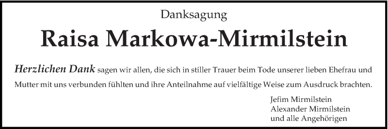  Traueranzeige für Raisa Markowa-Mirmilstein vom 31.08.2019 aus trierischer_volksfreund