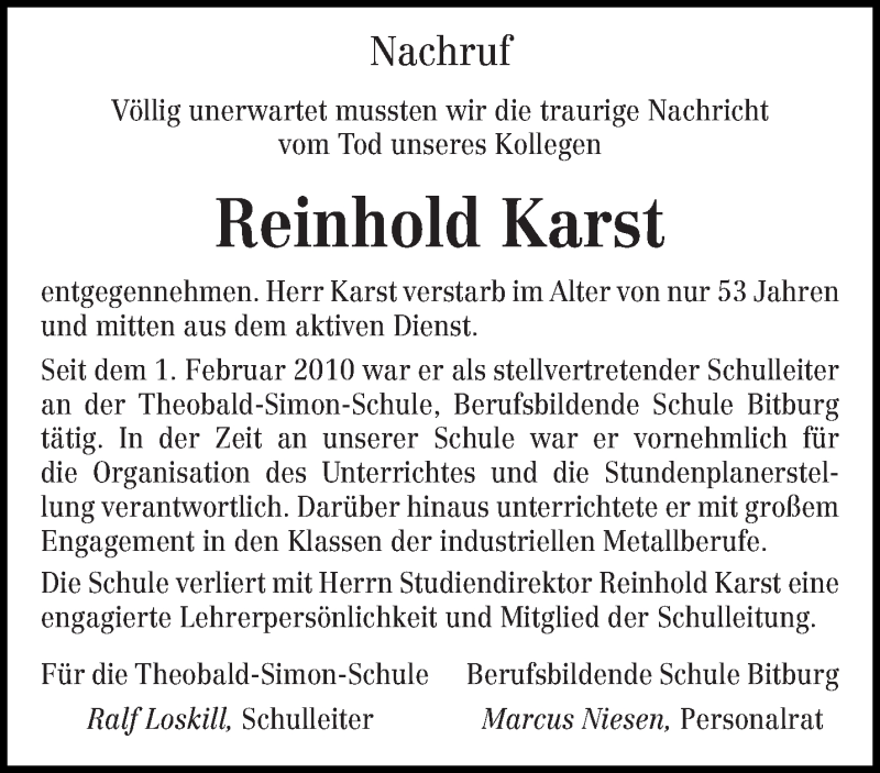  Traueranzeige für Reinhold Karst vom 07.08.2019 aus trierischer_volksfreund