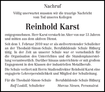 Traueranzeige von Reinhold Karst von trierischer_volksfreund