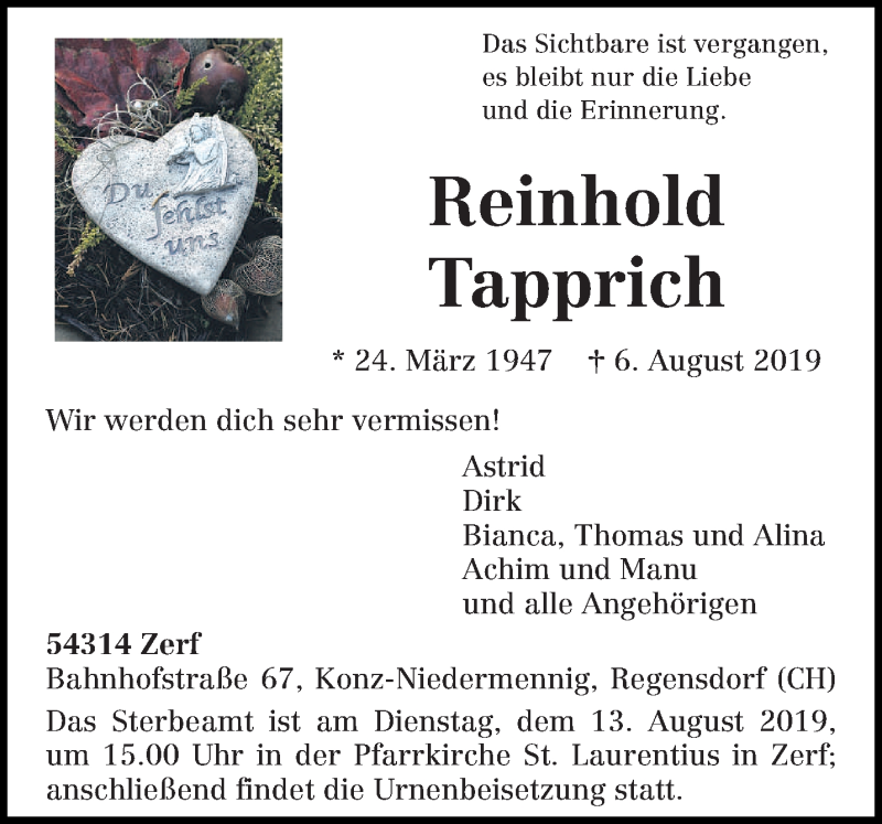  Traueranzeige für Reinhold Tapprich vom 09.08.2019 aus trierischer_volksfreund
