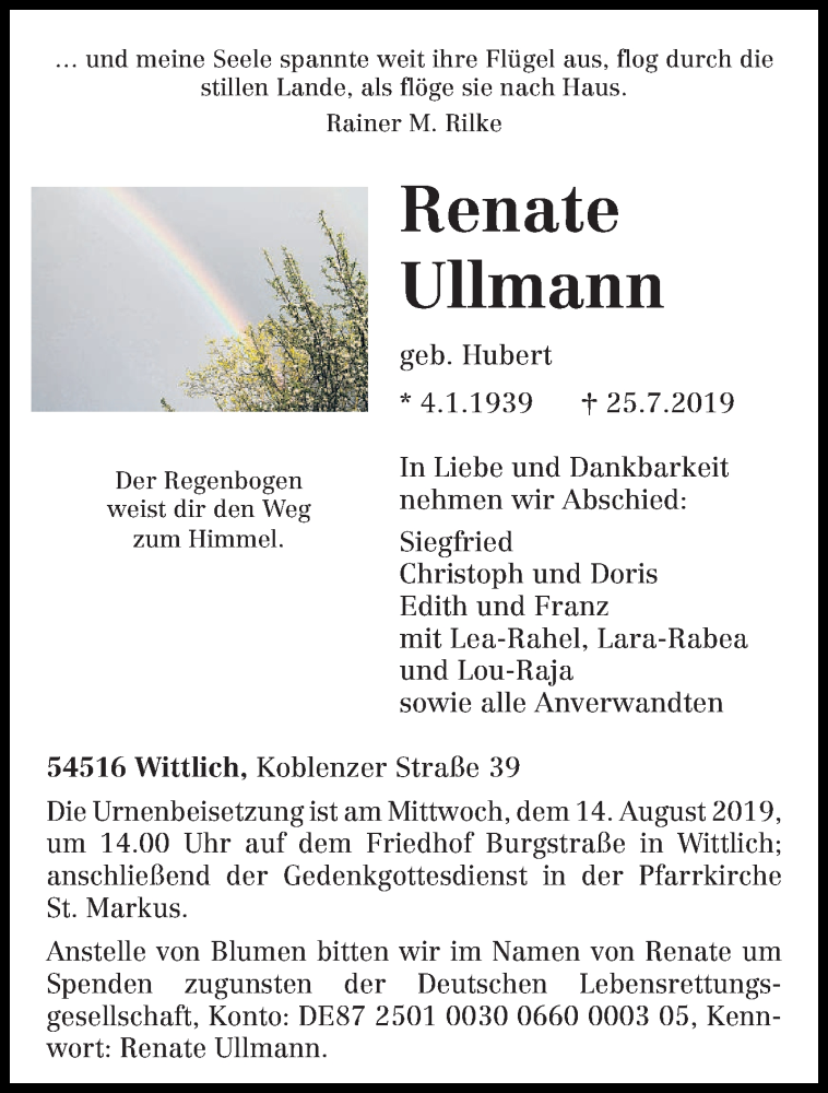  Traueranzeige für Renate Ullmann vom 03.08.2019 aus trierischer_volksfreund