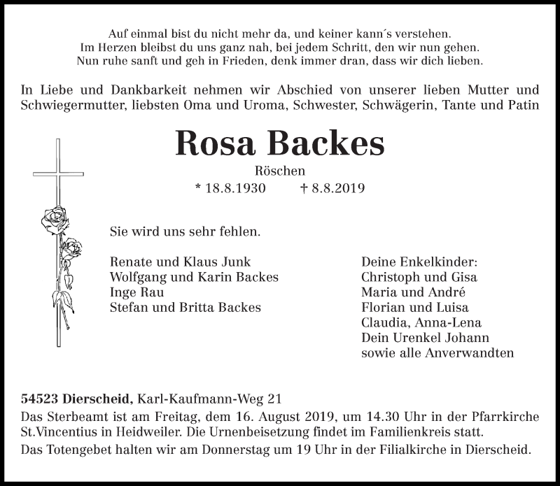  Traueranzeige für Rosa Backes vom 13.08.2019 aus trierischer_volksfreund