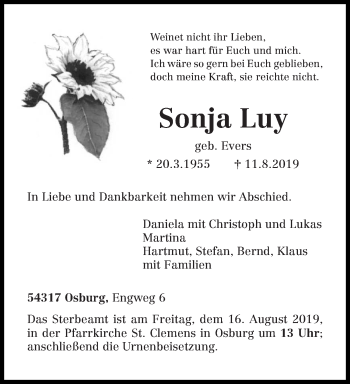 Traueranzeige von Sonja Luy von trierischer_volksfreund