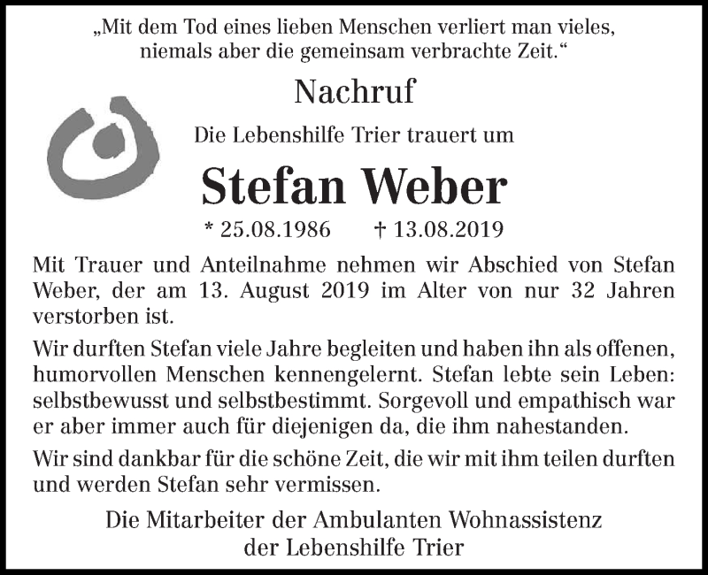  Traueranzeige für Stefan Weber vom 21.08.2019 aus trierischer_volksfreund