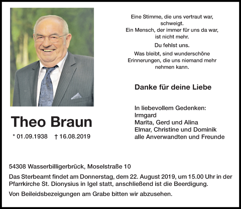  Traueranzeige für Theo Braun vom 20.08.2019 aus trierischer_volksfreund