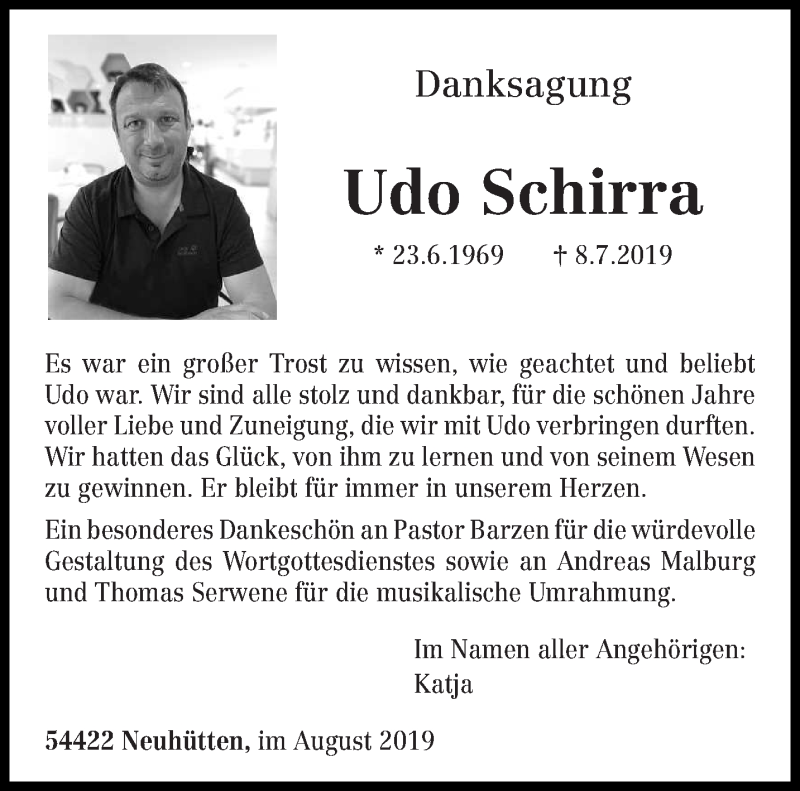  Traueranzeige für Udo Schirra vom 31.08.2019 aus trierischer_volksfreund