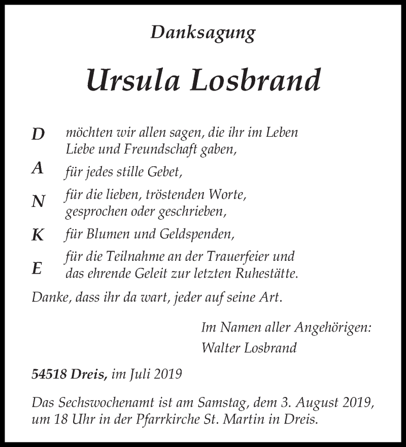  Traueranzeige für Ursula Losbrand vom 31.07.2019 aus trierischer_volksfreund