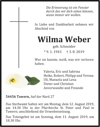 Traueranzeige von Wilma Weber von trierischer_volksfreund
