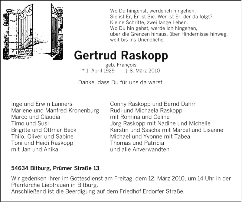  Traueranzeige für Gertrud Raskopp vom 10.03.2010 aus TRIERISCHER VOLKSFREUND