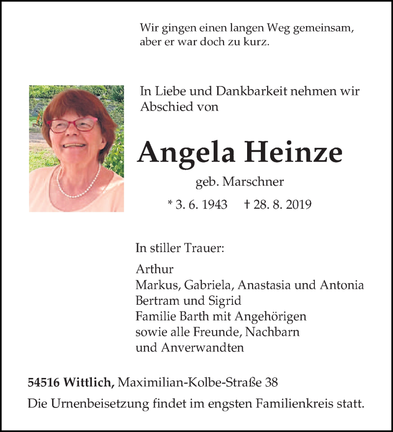  Traueranzeige für Angela Heinze vom 07.09.2019 aus trierischer_volksfreund