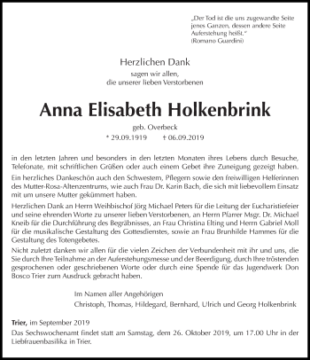 Traueranzeige von Anna Elisabeth Holkenbrink von trierischer_volksfreund