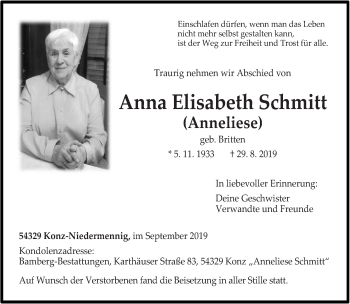 Traueranzeige von Anna Elisabeth Schmitt von trierischer_volksfreund
