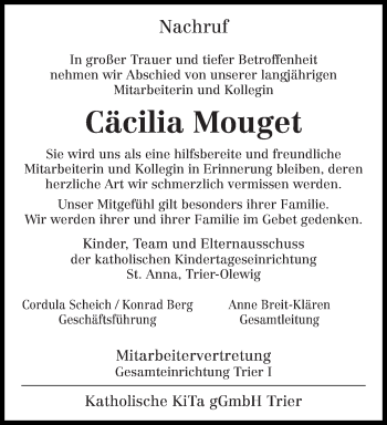 Traueranzeige von Cäcilia Mouget von trierischer_volksfreund