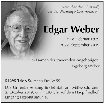 Traueranzeige von Edgar Weber von trierischer_volksfreund