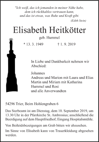 Traueranzeige von Elisabeth Heitkötter von trierischer_volksfreund