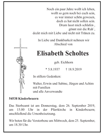 Traueranzeige von Elisabeth Scholtes von trierischer_volksfreund