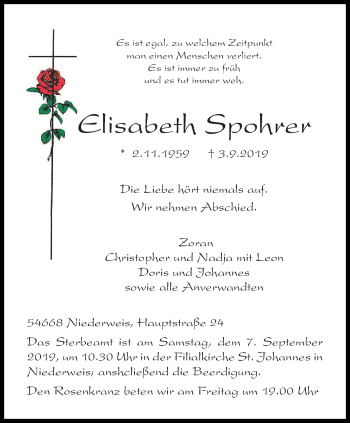 Traueranzeige von Elisabeth Spohrer von trierischer_volksfreund