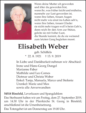 Traueranzeige von Elisabeth Weber von trierischer_volksfreund