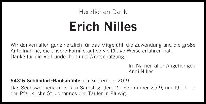  Traueranzeige für Erich Nilles vom 14.09.2019 aus trierischer_volksfreund