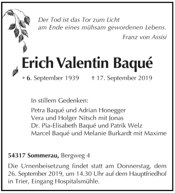 Traueranzeige von Erich Valentin Baque von trierischer_volksfreund