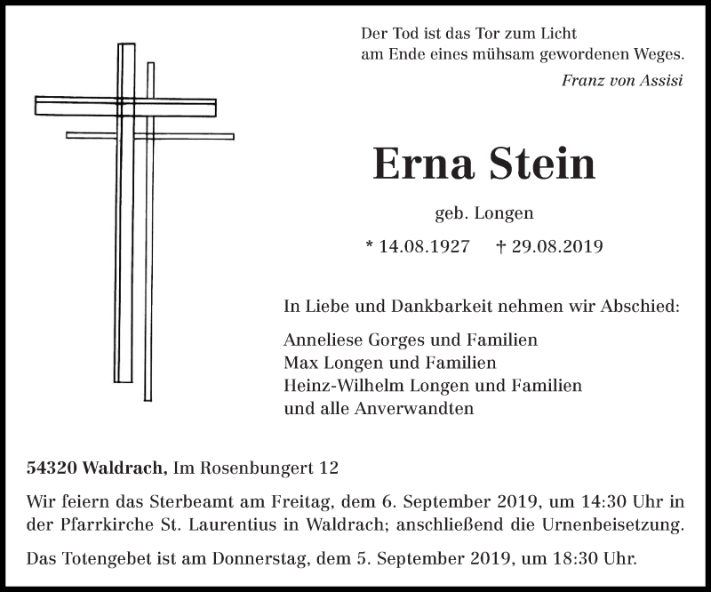  Traueranzeige für Erna Stein vom 03.09.2019 aus trierischer_volksfreund