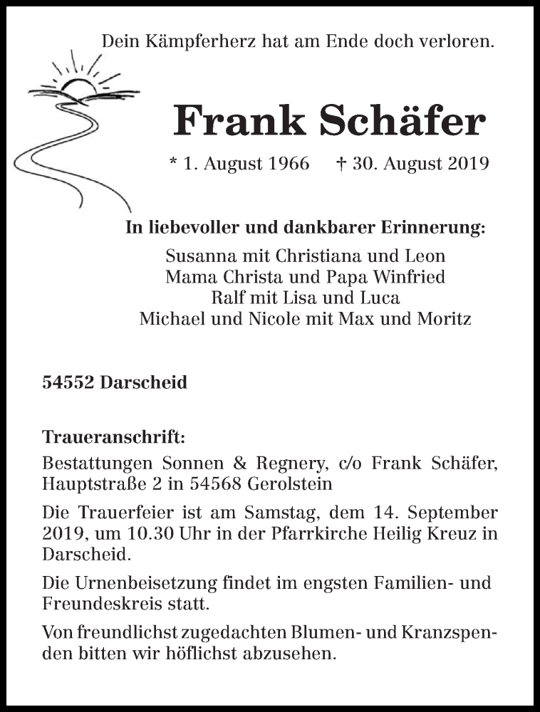  Traueranzeige für Frank Schäfer vom 07.09.2019 aus trierischer_volksfreund