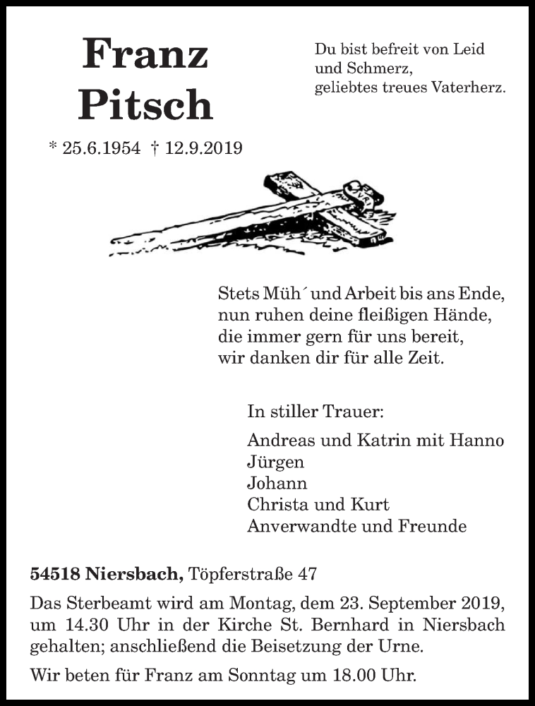  Traueranzeige für Franz Pitsch vom 18.09.2019 aus trierischer_volksfreund