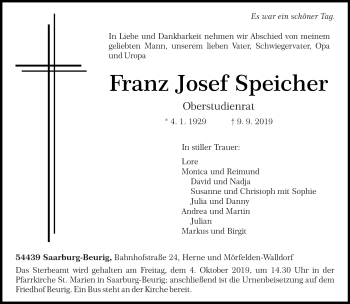 Traueranzeige von Franz Josef Speicher von trierischer_volksfreund