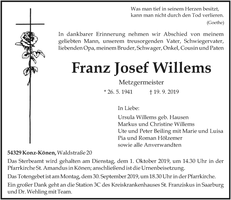  Traueranzeige für Franz Josef Willems vom 28.09.2019 aus trierischer_volksfreund