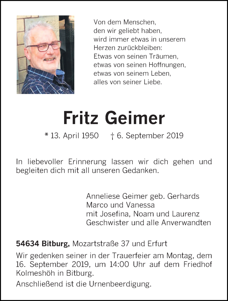  Traueranzeige für Fritz Geimer vom 10.09.2019 aus trierischer_volksfreund