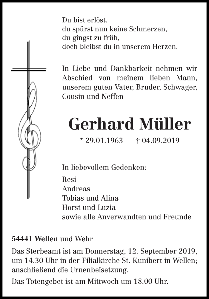  Traueranzeige für Gerhard Müller vom 07.09.2019 aus trierischer_volksfreund