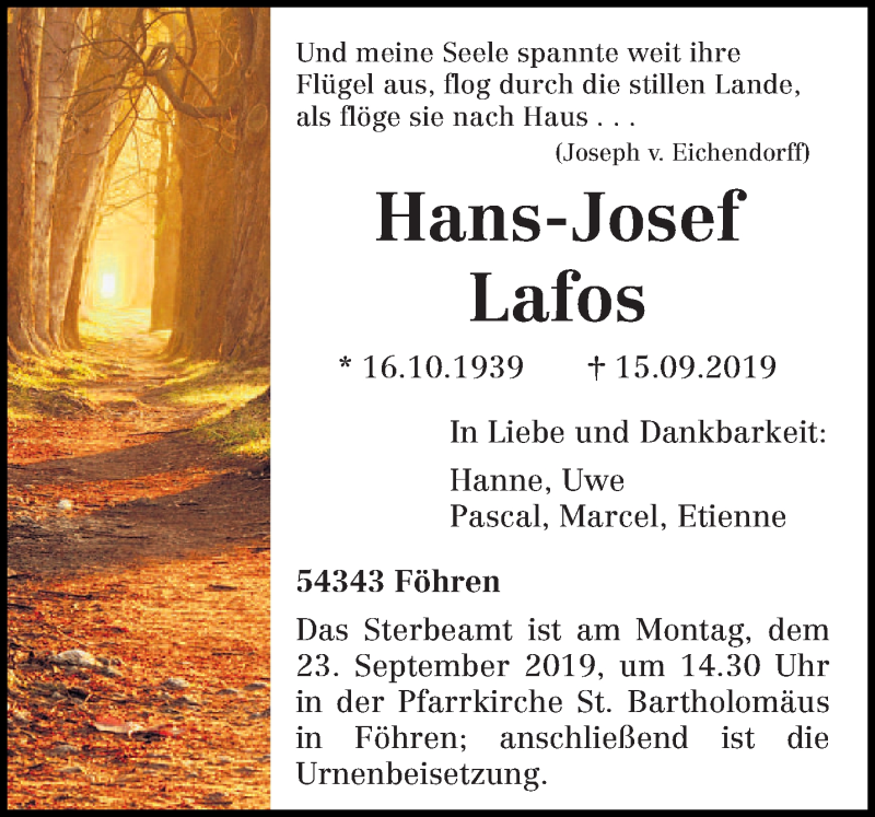 Traueranzeige für Hans-Josef Lafos vom 19.09.2019 aus trierischer_volksfreund