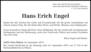 Traueranzeige von Hans Erich Engel von trierischer_volksfreund
