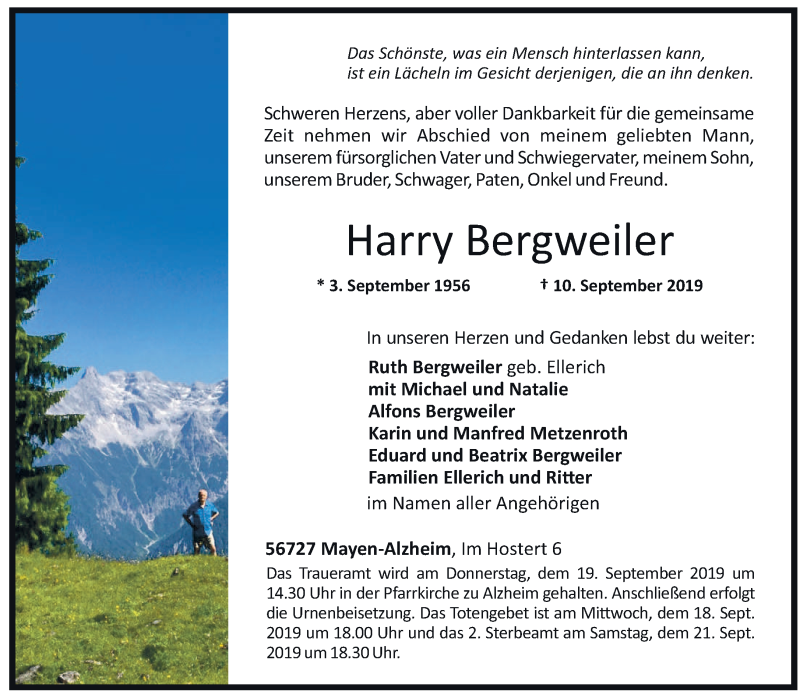  Traueranzeige für Harry Bergweiler vom 14.09.2019 aus trierischer_volksfreund