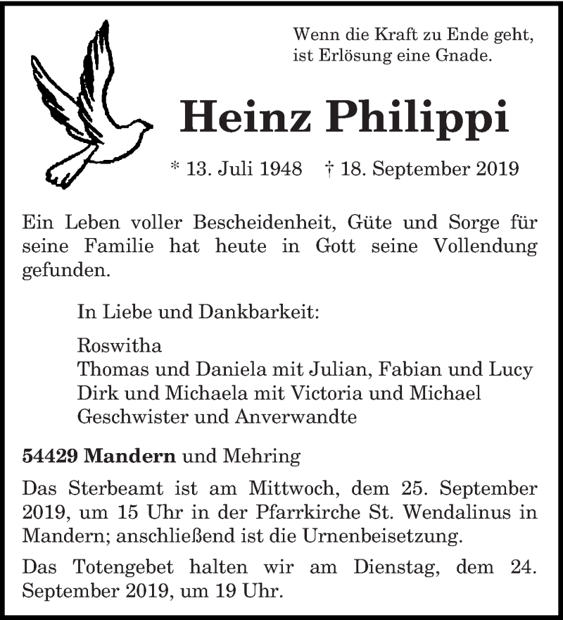  Traueranzeige für Heinz Philippi vom 21.09.2019 aus trierischer_volksfreund